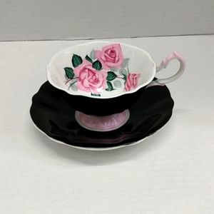 Queen Anne Bone China Black Pink Roses Cup and Saucer pedestal